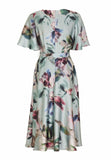 5AF105 - Satijnen midi jurk met overslag effect en bloemdes