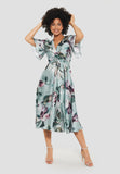5AF105 - Satijnen midi jurk met overslag effect en bloemdes